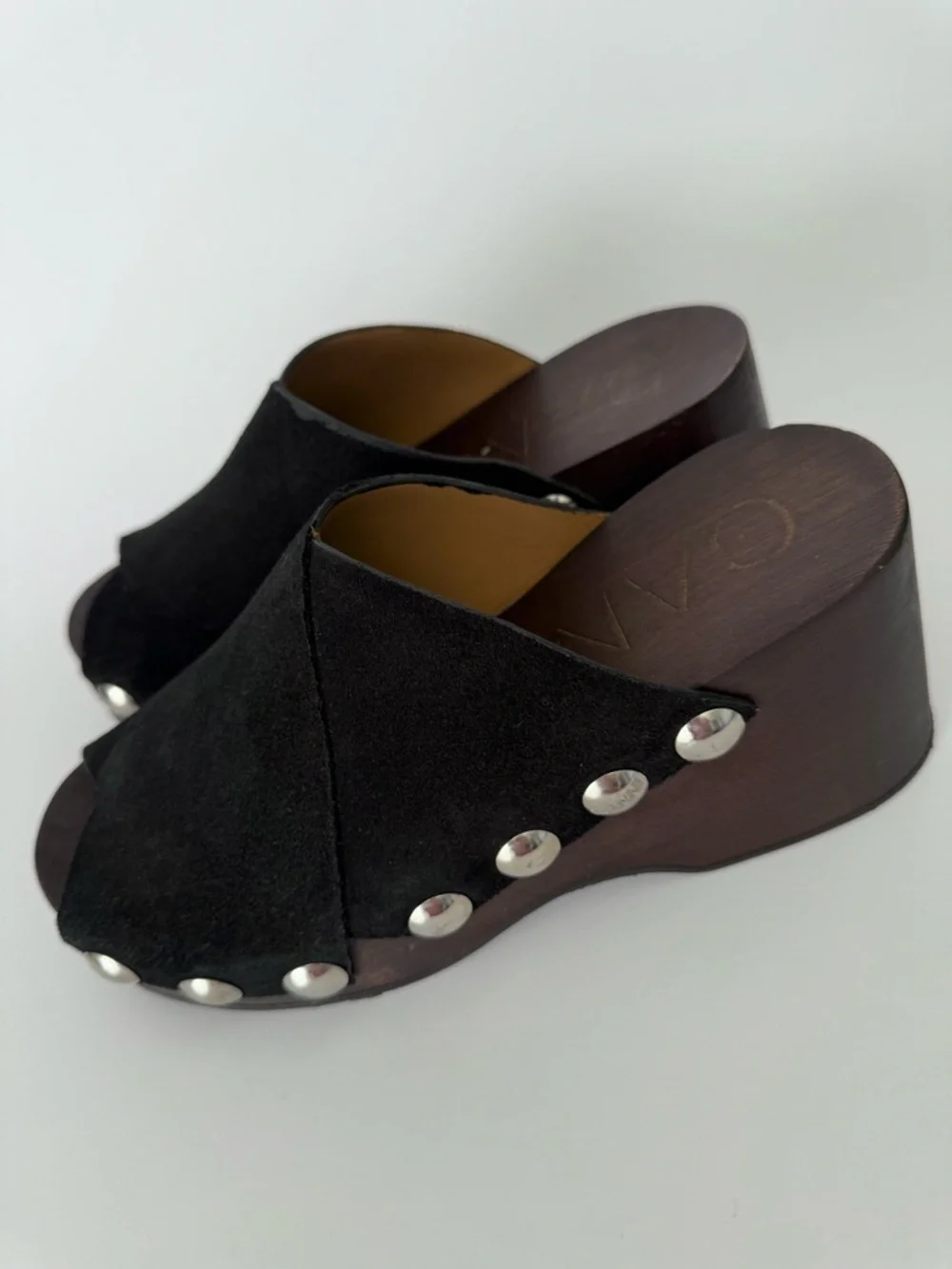 GANNI Retro Studded Wood Black Suede Clogs Open Toe Wedge - Picture 3 of 16